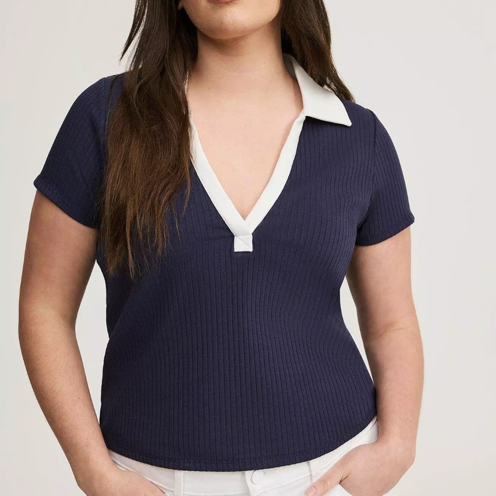 Torrid Top 4X-5X Polo V-Neck Ribbed Navy Blue White Crop Shirt Plus Size Tee New